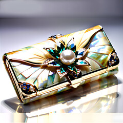 Exquisite Women's Handcrafted Long Wallet: Mother-of-Pearl lacquerware, Pearls, and Precious Stones in a Palette of Beautiful Colors and Artistic Patterns.(Generative AI) 