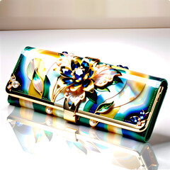 Exquisite Women's Handcrafted Long Wallet: Mother-of-Pearl lacquerware, Pearls, and Precious Stones in a Palette of Beautiful Colors and Artistic Patterns.(Generative AI) 
