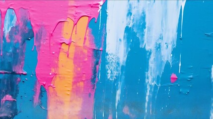 Abstract wall surface with part of graffiti. Colorful drips flows, streaks of paint and paint sprays