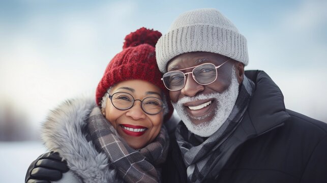 Portrait of a happy black elderly couple against a winter background with space for text, AI generated, background image