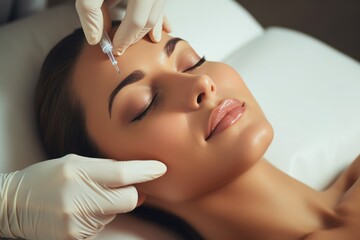 Beauty specialist injects neurotoxin or dermal filler in crows feet or upper eyelid. Close up woman's head in white cap and doctor's hands in gloves. Aesthetic face skin eye wrinkle treatment concept. - obrazy, fototapety, plakaty