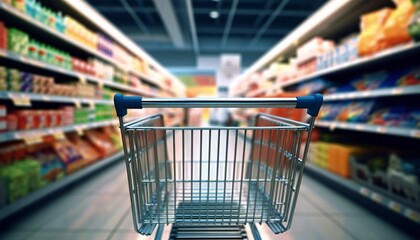 Supermarket aisle with empty red shopping cart