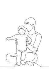 silhouette of father and child, dad sitting on the floor holding a learning to walk baby in a diaper - one line art vector. concept dad and baby, child learning to walk, nanny