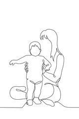 silhouette of mother and child, mother sitting on the floor holding a learning to walk baby in a diaper - one line art vector. concept mother and child, child learning to walk, nanny