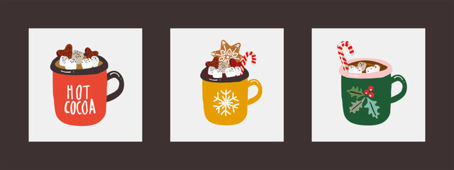 Christmas and Happy New Year Cute mugs with hot beverages cacao, tea, coffee set with candy cane, gingerbread cookies. Elements for greeting cards design, posters, stickers. Vector illustration
