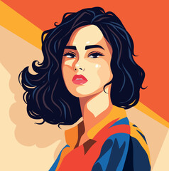 Portrait of a bright beautiful American Asian brunette girl. Hairstyle. Poster card for Women's Day. Vector flat bright illustration