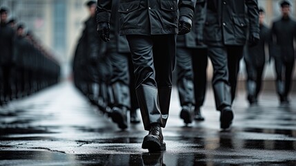 group of marching soldiers - closeup on military boots