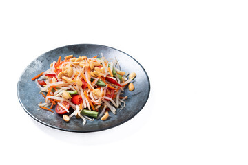 Green Papaya Salad, som tam thai isolated on white background. Copy space