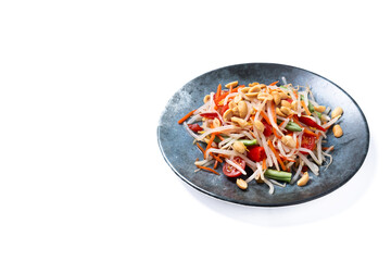Green Papaya Salad, som tam thai isolated on white background. Copy space