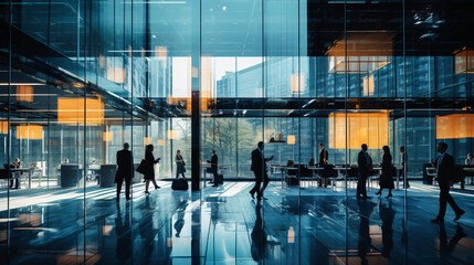 Office workers in glass building of large business