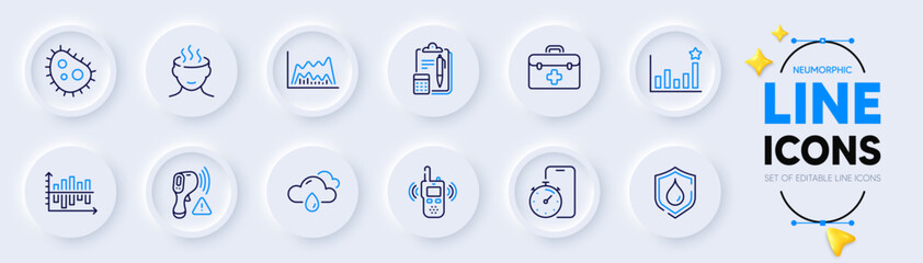 Fototapeta na wymiar Waterproof, Accounting and Rainy weather line icons for web app. Pack of Timer app, Efficacy, Diagram chart pictogram icons. Bacteria, First aid, Electronic thermometer signs. Vector