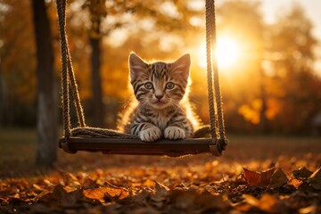 Spotted kitten is playing on the swing during autumn sunset with sun flares in the background.