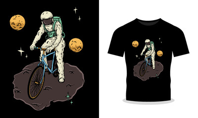 Astronaut Riding Bicycle Illustration with Moon Isolated