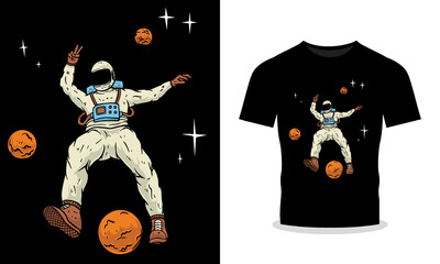 Premium Vector T-Shirt Design Astronaut in Outer Space Illustration Scene