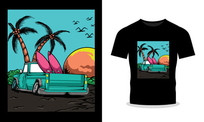 Classic Car Bliss: Illustration of a Vintage Ride Enjoying a Beach Holiday