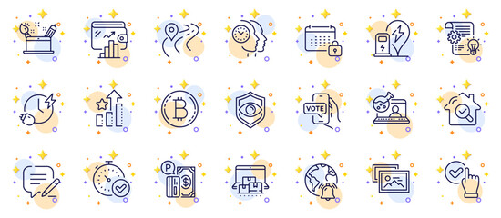 Outline set of Eye detect, Parking payment and Time management line icons for web app. Include Cogwheel, Road, Online storage pictogram icons. Charging time, Write, Internet notification signs. Vector - obrazy, fototapety, plakaty