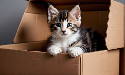 Fototapeta premium A cute cat in a box. Generative AI