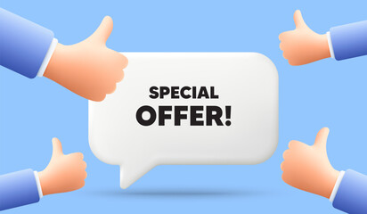 Special offer tag. 3d speech bubble banner with like hands. Sale sign. Advertising Discounts symbol. Special offer chat speech message. 3d offer talk box. Vector