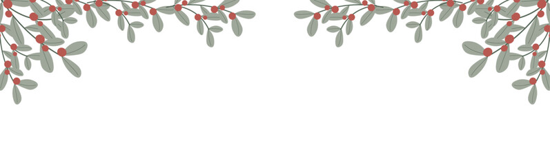 Branches, leaves and berries in beautiful Christmas composition. Holiday design for invitation, banner, greeting card