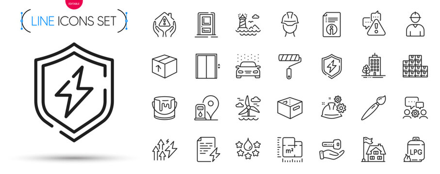 Pack of Energy inflation, Power certificate and Working process line icons. Include Skyscraper buildings, Floor plan, Package pictogram icons. Brush, House protection, Warning signs. Vector