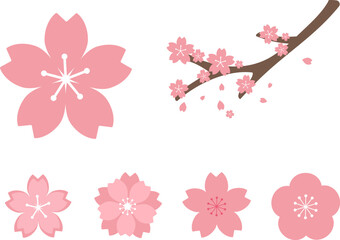 Pink cherry blossom illustration set. elements of Japan, plants, spring, cute, etc