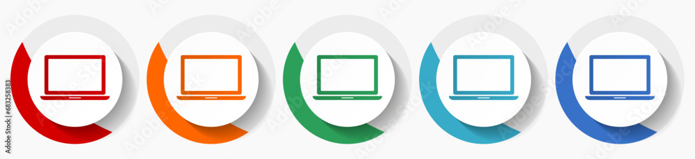 Poster Notebook, laptop vector icon set, flat design colorful round icons in 5 color options for webdesign and mobile applications