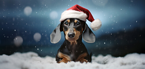 A cute dachshund dog standing chest deep in the snow, looking into the camera, wearing Santa Claus’ hat. Winter landscape snow falls from the sky at dusk. Funny Christmas time concept for holidays.