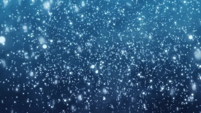 Flying snow on a blue background. 4K motion graphics. snowfall overlay, background - winter, effect of slowly falling snow. Abstract particle background. seamless loop. animation winter weather..