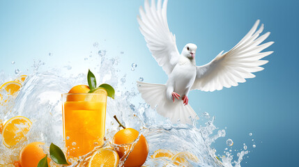 Peace Pigeon Image.White doves, dove with water splash, and orange juice in glass Dove Peace 3d Images.AI Generative 