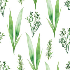 Seamless pattern with green leaves, vector illustration in watercolor style.