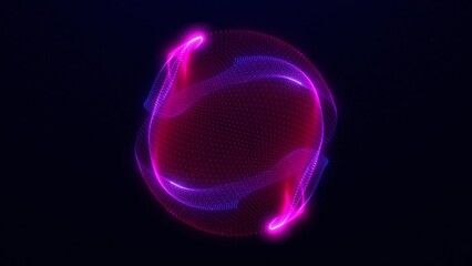Abstract neon energy sphere made of particles, glowing spherical ball emits rays of light, nuclear science, science fiction, technology background, seamless loop..