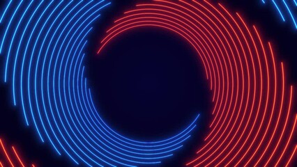 Abstract glowing spiral lines. Animation of bright neon circular lines, swirling abstract background