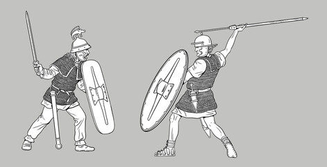 Roman legionnaires against the Gauls. Julius Caesar Gallic War. Historical drawing.
