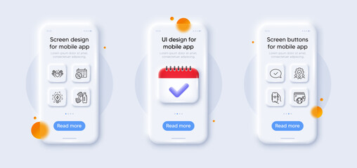 Internet app, Hold heart and Inspiration line icons pack. 3d phone mockups with calendar. Glass smartphone screen. Teamwork, Calendar discounts, Approved message web icon. Vector
