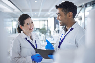 Happy people, scientist and tablet in team research, collaboration or planning together at lab. Man...