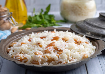 Traditional delicious Turkish food; Almond rice pilaf (Turkish name; Bademli pirinc pilavi)