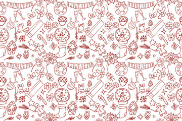 Vector doodle hand drawn pattern illustration , cartoon flat icon ,various holidays element on white background , sketch line art for design uses like banner , flayer , wallpaper , print , fabric