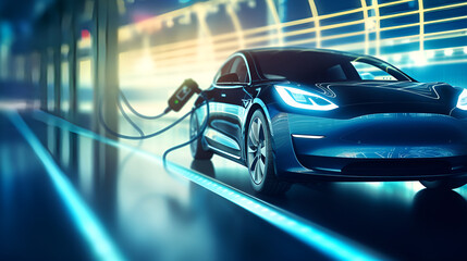 fast moving car.Close up charging an electric car battery, new innovative technology Electrical vehicle