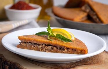 Traditional food of Antakya - Turkey, oruk in the tray. (Turkish name; Tepside icli kofte, tepside oruk, tepsi orugu, sini kofte) Hatay Oruk food.