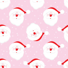 Cheerful Santa face  with snowflakes on pink background. Christmas seamless pattern for greeting card, wrapping paper, , fabrics, home decor, scrapbooking. vector