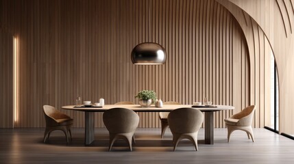 Minimalist interior design of modern dining room with abstract wood paneling arched wall. Generative Ai