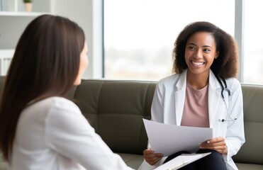 Happy smiling woman patient talking with friendly african american female doctor therapist holding report file with appointment sitting on the couch in office during medical examination in clinic.