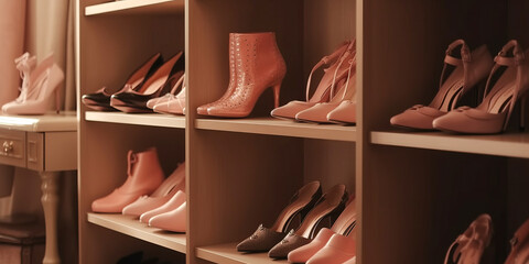 Female shoes in pink colors on the shelves of warbrobe or shoe shop