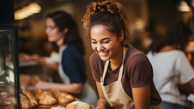smiling female baker, offering exemplary customer service as she hands a customer their order in her retail store 