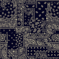 Blue paisley bandana fabric patchwork wallpaper vintage vector seamless pattern