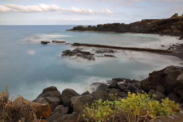 The wild and rocky coast near the natural pools of Charco Azul, La Palma, Canary Islands, Spain, located in the North-East of the island 
