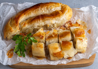 Turkish Kol Borek with minced meat serving