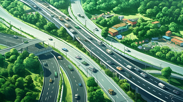 Urban Traffic Hub: Interchange and Roundabout in Stunning 3D,traffic on the highway.AI Generative 