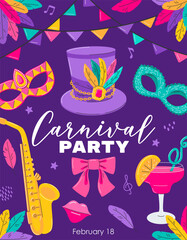 Carnival party poster. Card, invitation template for masquerade party, Mardi Gras, Brazilian carnival, Venice festival. Decorated facial mask, cocktail, flags, Hat with feathers. Vector illustration