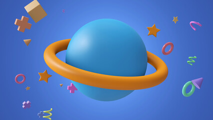 Concept Icon Planet Saturn, Jupiter, Uranus, Neptune, with a ring around. Realistic 3d symbol design. 3d rendering
